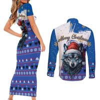 Kosovo Christmas Couples Matching Short Sleeve Bodycon Dress and Long Sleeve Button Shirt with Santa Wolf Snowflakes Blue Pattern and National Emblem - Wonder Print Shop