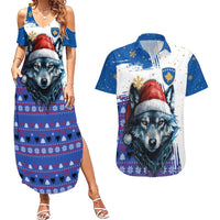 Kosovo Christmas Couples Matching Summer Maxi Dress and Hawaiian Shirt with Santa Wolf Snowflakes Blue Pattern and National Emblem - Wonder Print Shop