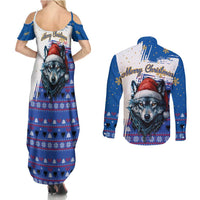 Kosovo Christmas Couples Matching Summer Maxi Dress and Long Sleeve Button Shirt with Santa Wolf Snowflakes Blue Pattern and National Emblem - Wonder Print Shop