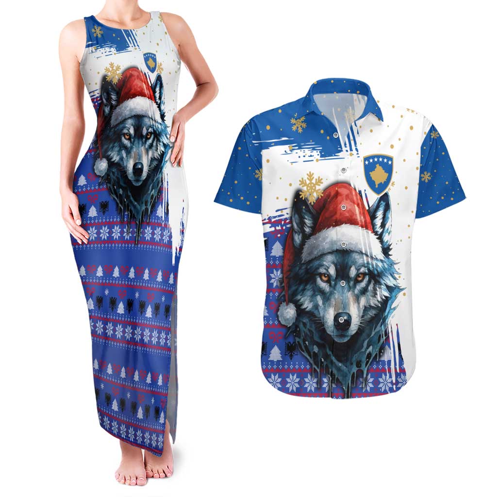 Kosovo Christmas Couples Matching Tank Maxi Dress and Hawaiian Shirt with Santa Wolf Snowflakes Blue Pattern and National Emblem - Wonder Print Shop
