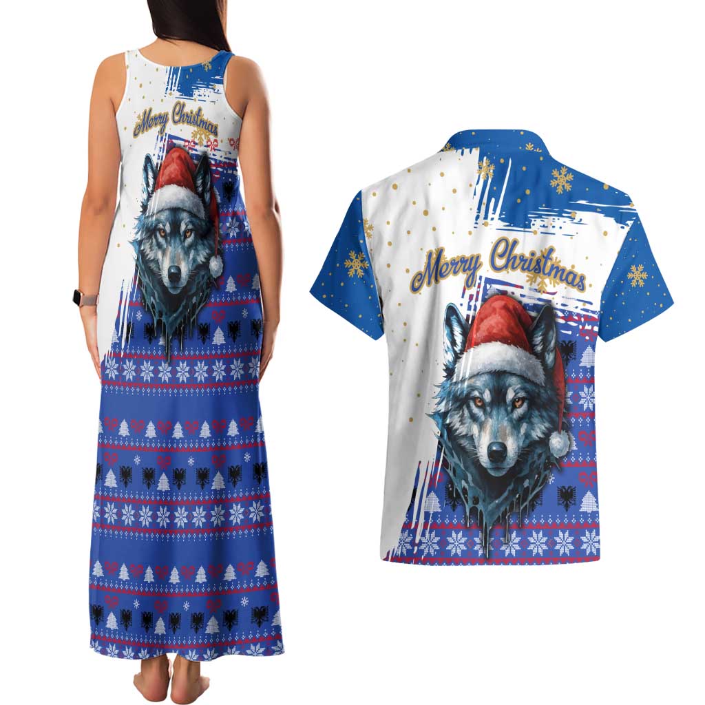 Kosovo Christmas Couples Matching Tank Maxi Dress and Hawaiian Shirt with Santa Wolf Snowflakes Blue Pattern and National Emblem - Wonder Print Shop