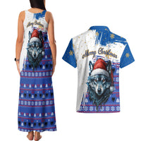 Kosovo Christmas Couples Matching Tank Maxi Dress and Hawaiian Shirt with Santa Wolf Snowflakes Blue Pattern and National Emblem - Wonder Print Shop