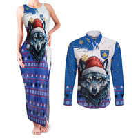 Kosovo Christmas Couples Matching Tank Maxi Dress and Long Sleeve Button Shirt with Santa Wolf Snowflakes Blue Pattern and National Emblem - Wonder Print Shop