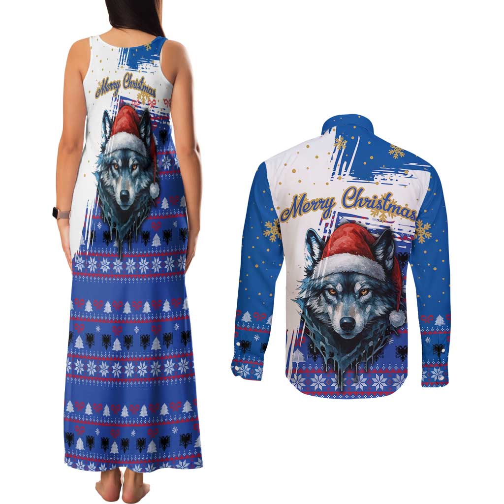 Kosovo Christmas Couples Matching Tank Maxi Dress and Long Sleeve Button Shirt with Santa Wolf Snowflakes Blue Pattern and National Emblem - Wonder Print Shop
