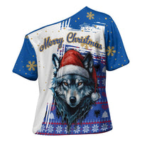 Kosovo Christmas Cross Shoulder Shirt with Santa Wolf Snowflakes Blue Pattern and National Emblem - Wonder Print Shop