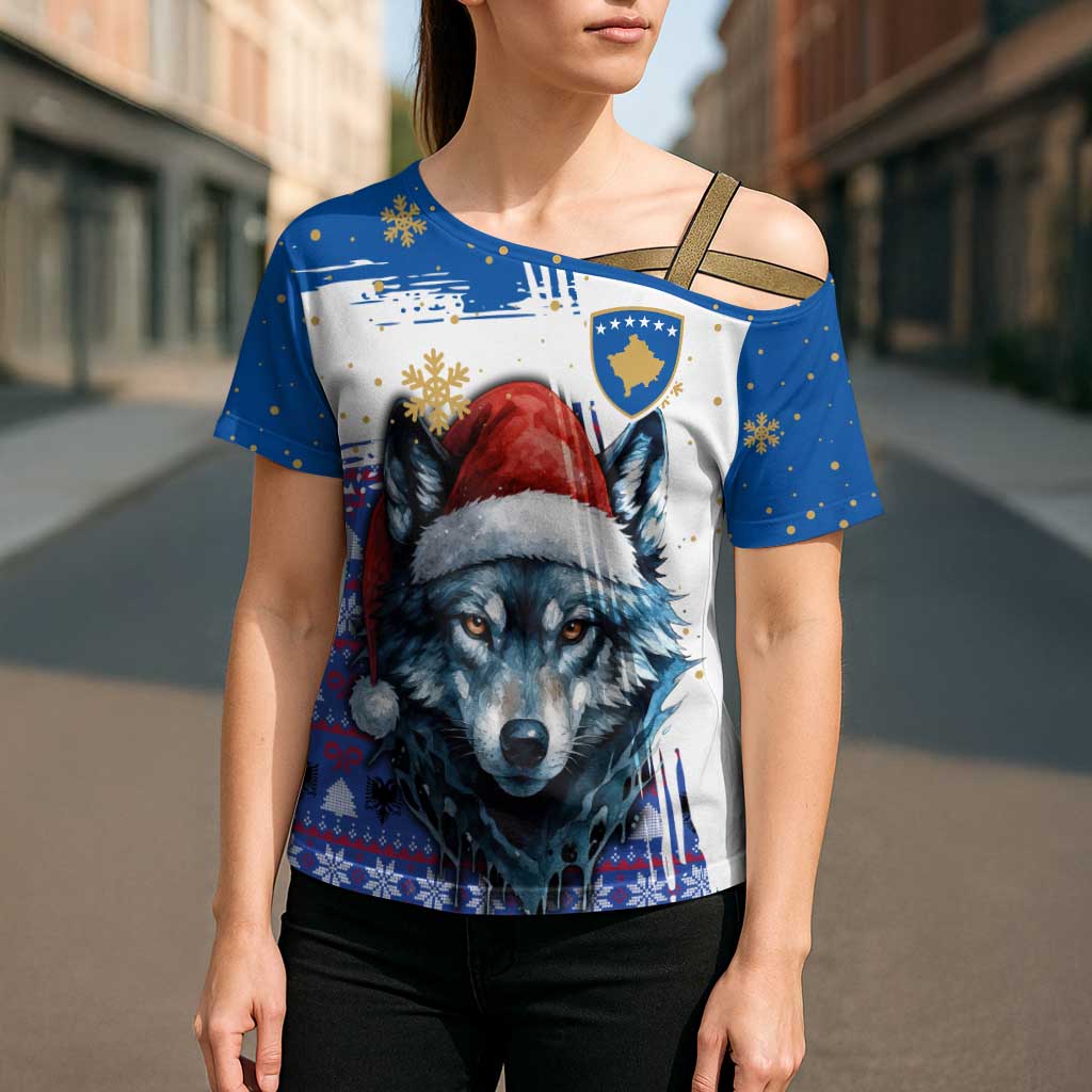 Kosovo Christmas Cross Shoulder Shirt with Santa Wolf Snowflakes Blue Pattern and National Emblem - Wonder Print Shop