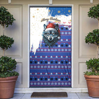 Kosovo Christmas Door Cover with Santa Wolf Snowflakes Blue Pattern and National Emblem - Wonder Print Shop