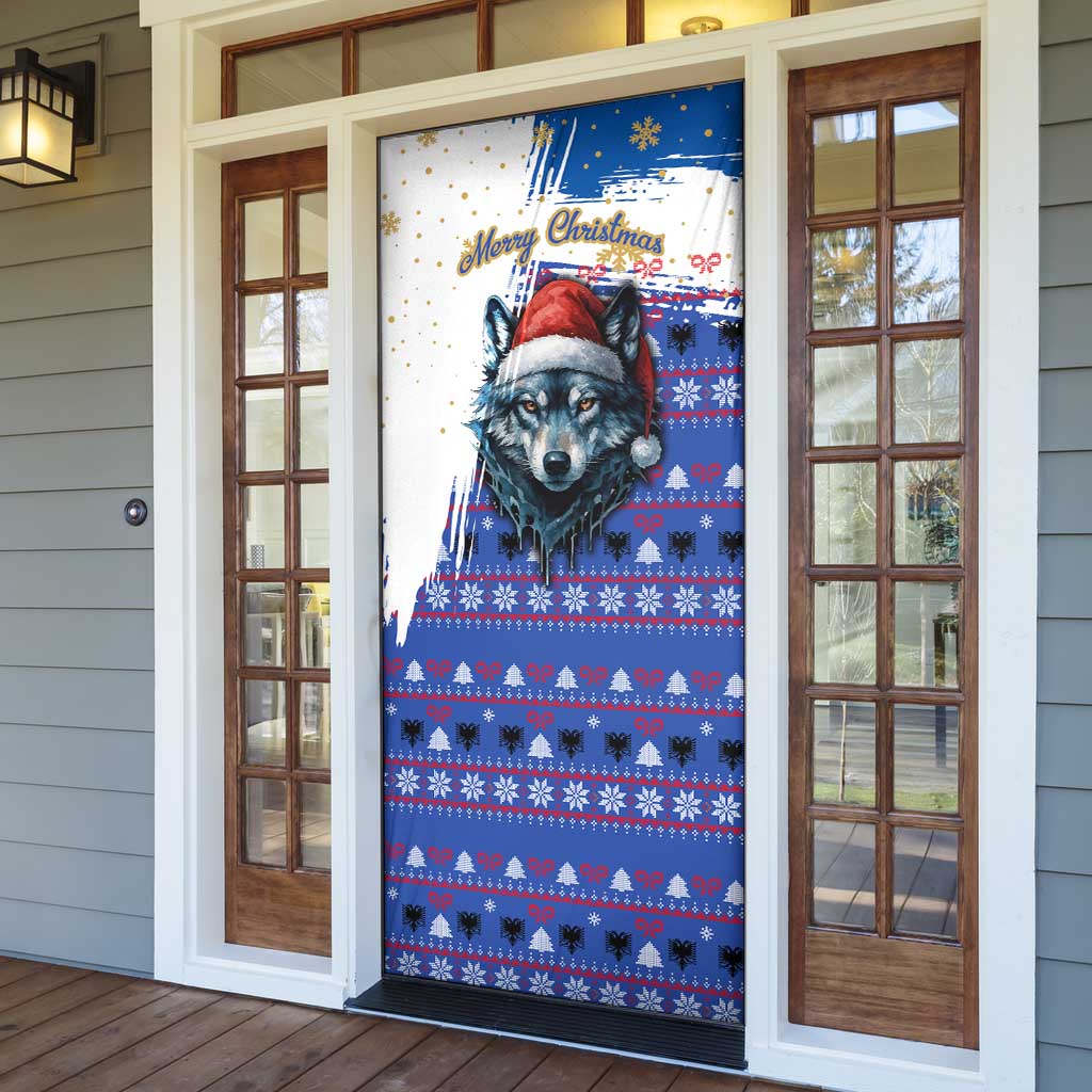 Kosovo Christmas Door Cover with Santa Wolf Snowflakes Blue Pattern and National Emblem - Wonder Print Shop