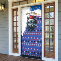 Kosovo Christmas Door Cover with Santa Wolf Snowflakes Blue Pattern and National Emblem - Wonder Print Shop