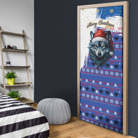 Kosovo Christmas Door Cover with Santa Wolf Snowflakes Blue Pattern and National Emblem - Wonder Print Shop