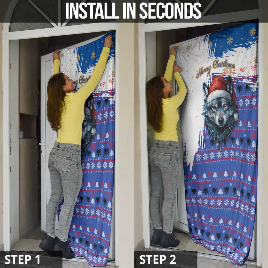 Kosovo Christmas Door Cover with Santa Wolf Snowflakes Blue Pattern and National Emblem - Wonder Print Shop