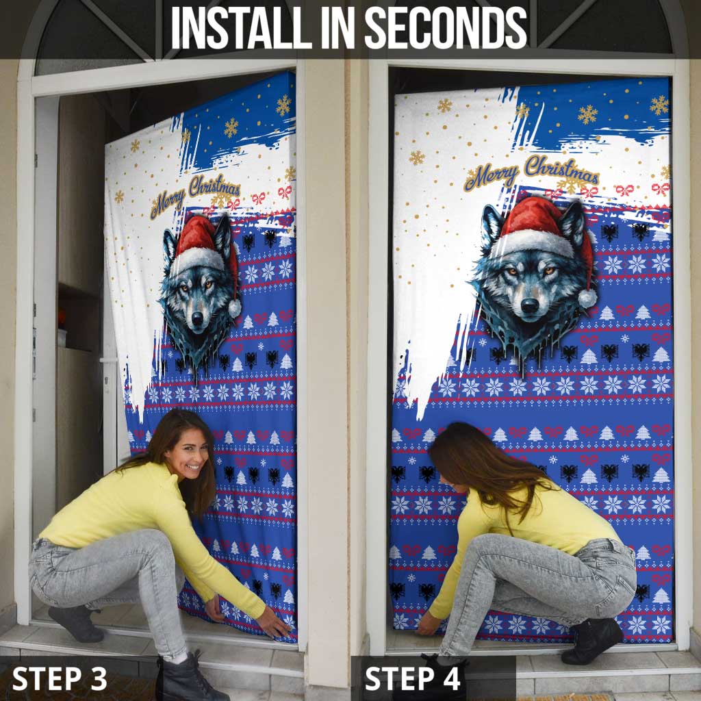 Kosovo Christmas Door Cover with Santa Wolf Snowflakes Blue Pattern and National Emblem - Wonder Print Shop