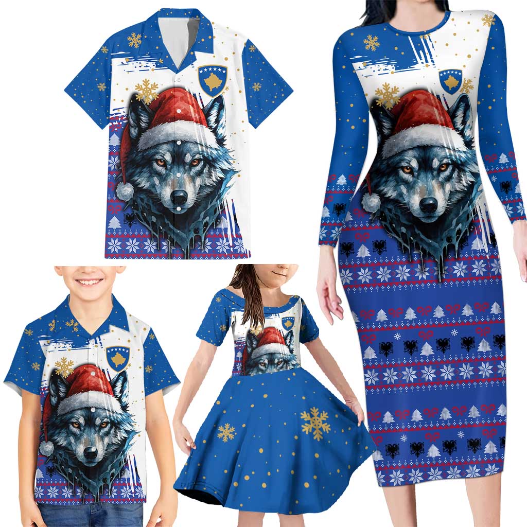 Kosovo Christmas Family Matching Long Sleeve Bodycon Dress and Hawaiian Shirt with Santa Wolf Snowflakes Blue Pattern and National Emblem - Wonder Print Shop