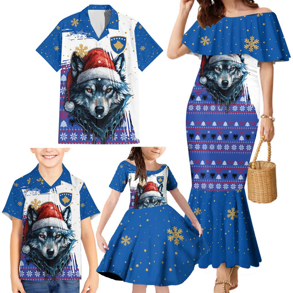 Kosovo Christmas Family Matching Mermaid Dress and Hawaiian Shirt with Santa Wolf Snowflakes Blue Pattern and National Emblem - Wonder Print Shop