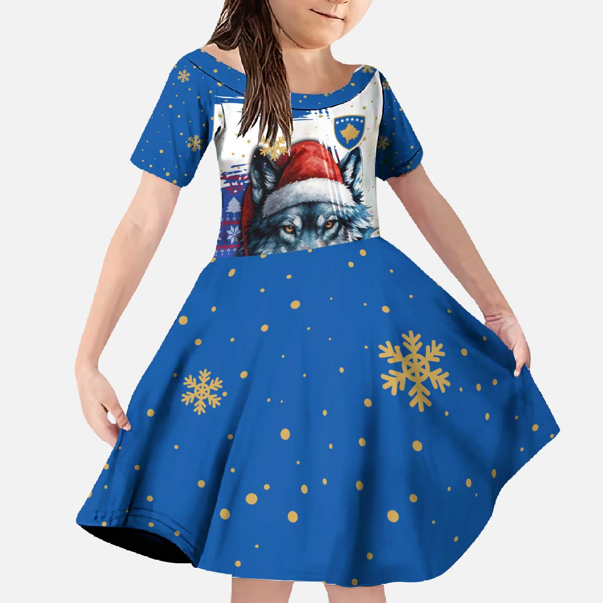 Kosovo Christmas Family Matching Off The Shoulder Long Sleeve Dress and Hawaiian Shirt with Santa Wolf Snowflakes Blue Pattern and National Emblem - Wonder Print Shop
