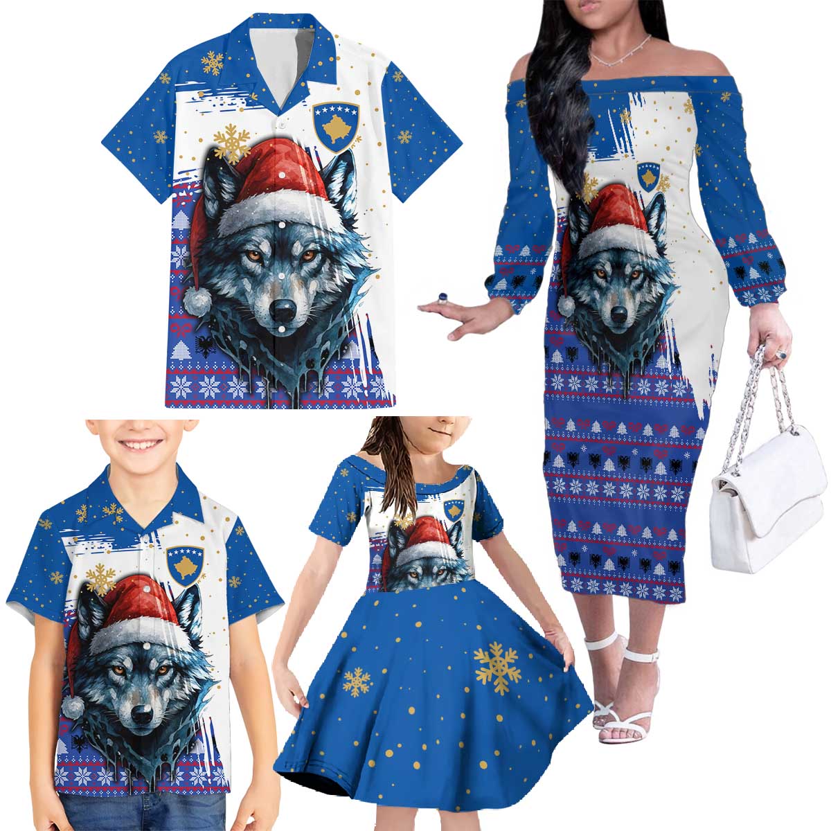 Kosovo Christmas Family Matching Off The Shoulder Long Sleeve Dress and Hawaiian Shirt with Santa Wolf Snowflakes Blue Pattern and National Emblem - Wonder Print Shop