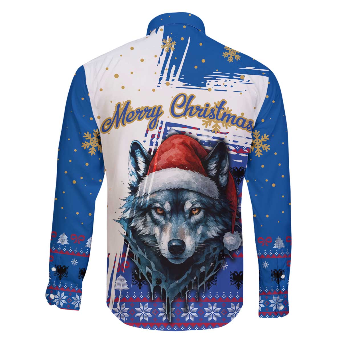 Kosovo Christmas Family Matching Off The Shoulder Long Sleeve Dress and Hawaiian Shirt with Santa Wolf Snowflakes Blue Pattern and National Emblem - Wonder Print Shop