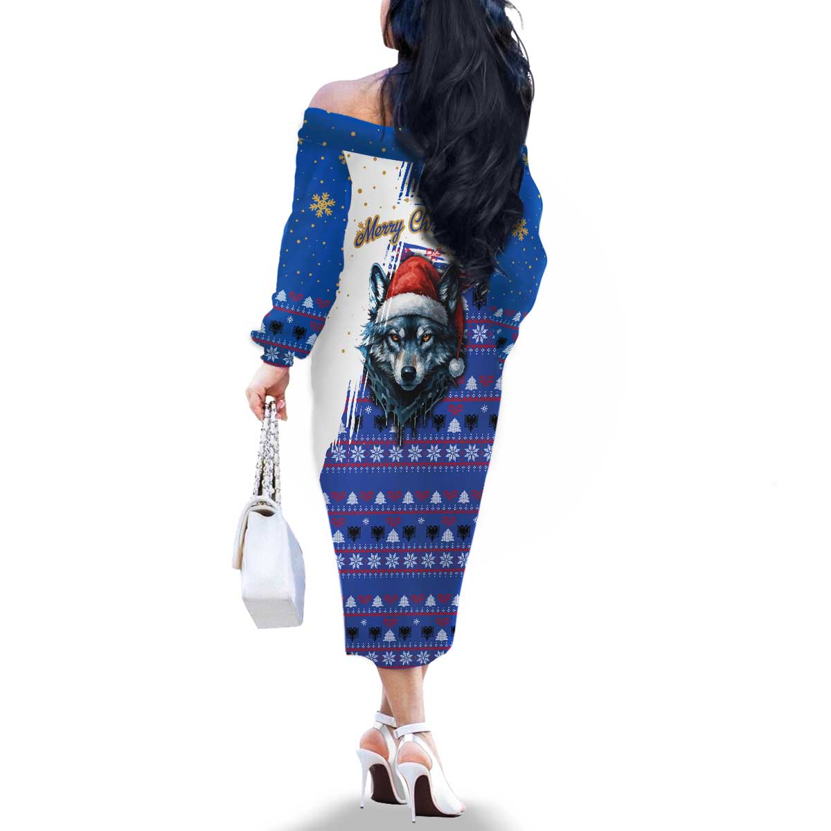 Kosovo Christmas Family Matching Off The Shoulder Long Sleeve Dress and Hawaiian Shirt with Santa Wolf Snowflakes Blue Pattern and National Emblem - Wonder Print Shop