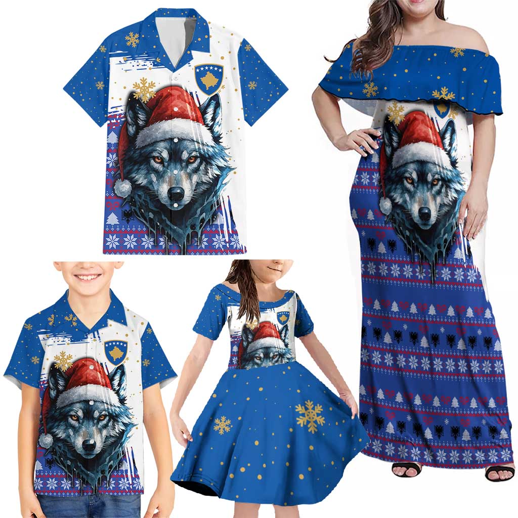 Kosovo Christmas Family Matching Off Shoulder Maxi Dress and Hawaiian Shirt with Santa Wolf Snowflakes Blue Pattern and National Emblem - Wonder Print Shop