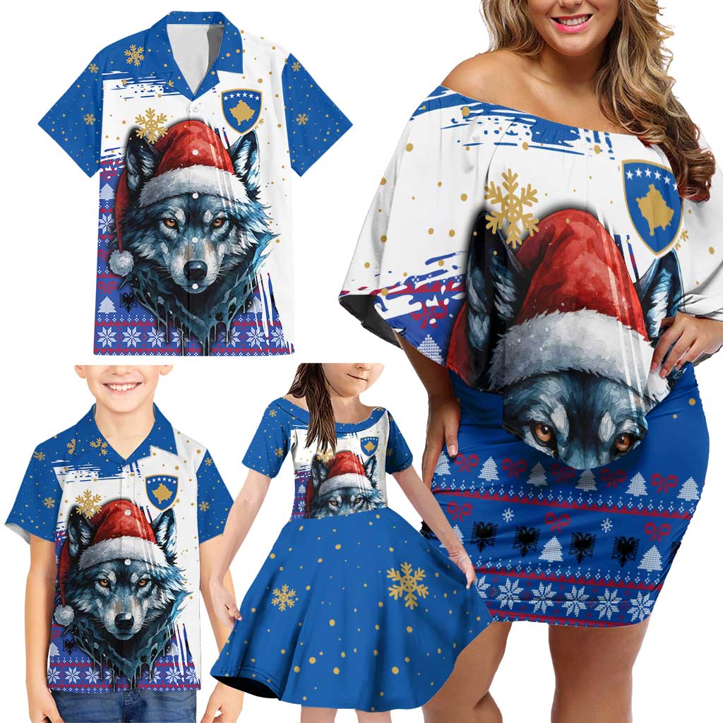 Kosovo Christmas Family Matching Off Shoulder Short Dress and Hawaiian Shirt with Santa Wolf Snowflakes Blue Pattern and National Emblem - Wonder Print Shop