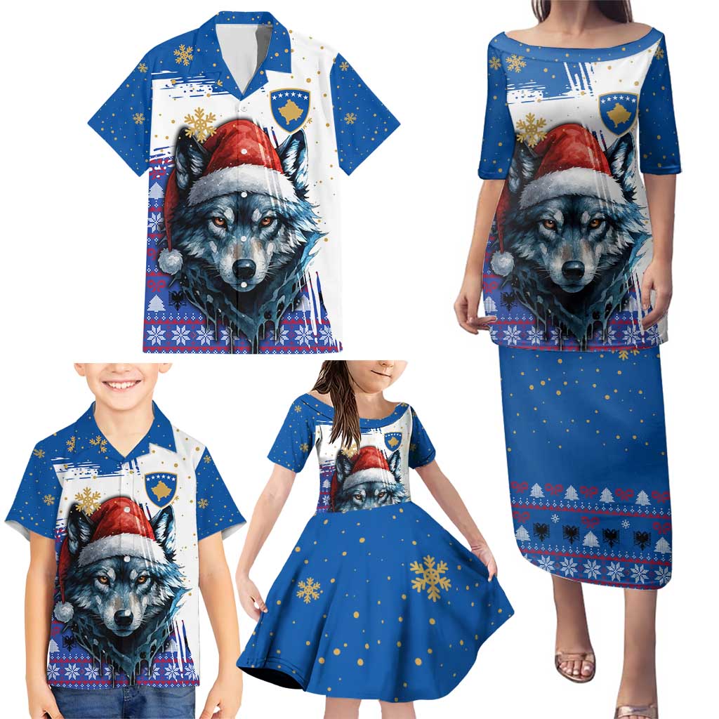Kosovo Christmas Family Matching Puletasi and Hawaiian Shirt with Santa Wolf Snowflakes Blue Pattern and National Emblem - Wonder Print Shop