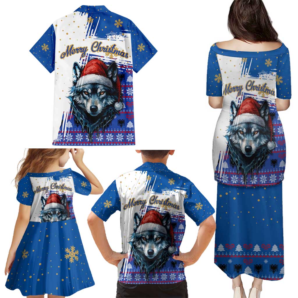 Kosovo Christmas Family Matching Puletasi and Hawaiian Shirt with Santa Wolf Snowflakes Blue Pattern and National Emblem - Wonder Print Shop