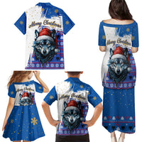Kosovo Christmas Family Matching Puletasi and Hawaiian Shirt with Santa Wolf Snowflakes Blue Pattern and National Emblem - Wonder Print Shop