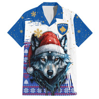 Kosovo Christmas Family Matching Puletasi and Hawaiian Shirt with Santa Wolf Snowflakes Blue Pattern and National Emblem - Wonder Print Shop