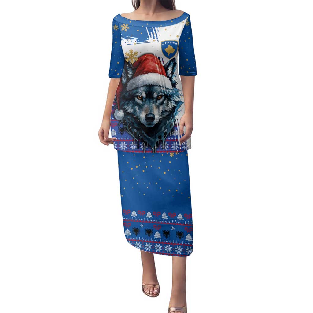 Kosovo Christmas Family Matching Puletasi and Hawaiian Shirt with Santa Wolf Snowflakes Blue Pattern and National Emblem - Wonder Print Shop