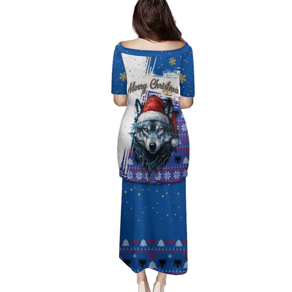 Kosovo Christmas Family Matching Puletasi and Hawaiian Shirt with Santa Wolf Snowflakes Blue Pattern and National Emblem - Wonder Print Shop