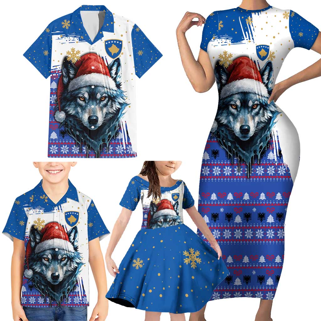 Kosovo Christmas Family Matching Short Sleeve Bodycon Dress and Hawaiian Shirt with Santa Wolf Snowflakes Blue Pattern and National Emblem - Wonder Print Shop