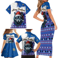 Kosovo Christmas Family Matching Short Sleeve Bodycon Dress and Hawaiian Shirt with Santa Wolf Snowflakes Blue Pattern and National Emblem - Wonder Print Shop