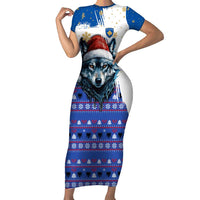 Kosovo Christmas Family Matching Short Sleeve Bodycon Dress and Hawaiian Shirt with Santa Wolf Snowflakes Blue Pattern and National Emblem - Wonder Print Shop