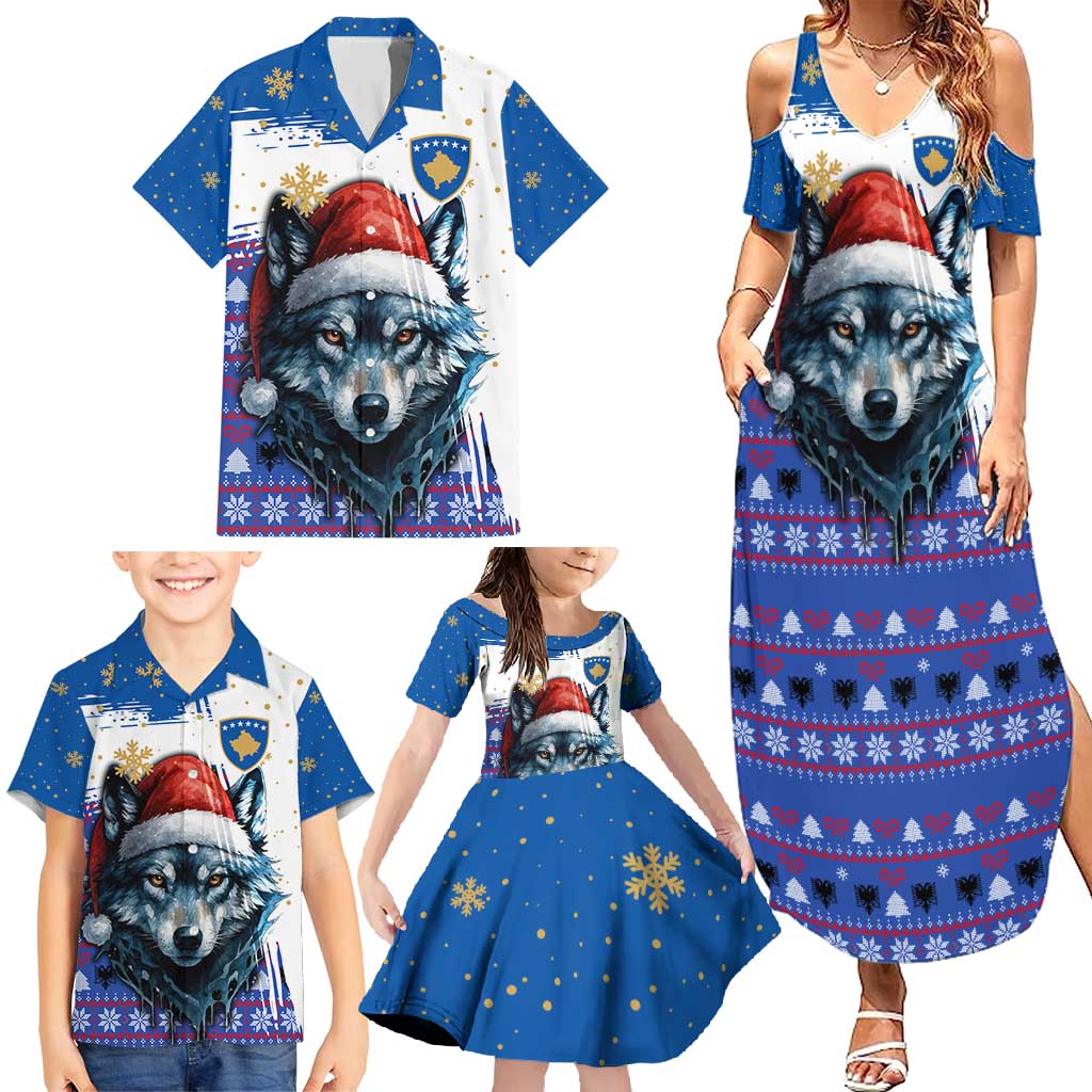 Kosovo Christmas Family Matching Summer Maxi Dress and Hawaiian Shirt with Santa Wolf Snowflakes Blue Pattern and National Emblem - Wonder Print Shop