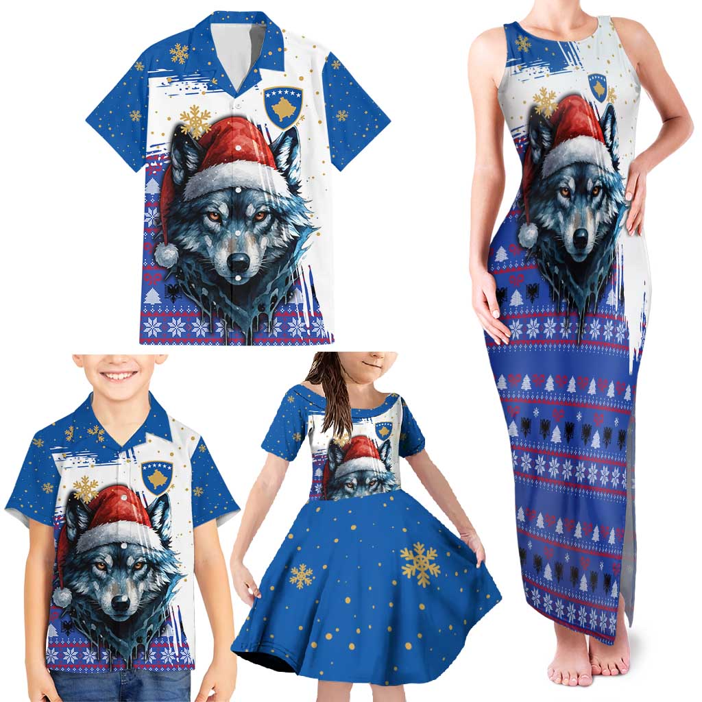 Kosovo Christmas Family Matching Tank Maxi Dress and Hawaiian Shirt with Santa Wolf Snowflakes Blue Pattern and National Emblem - Wonder Print Shop