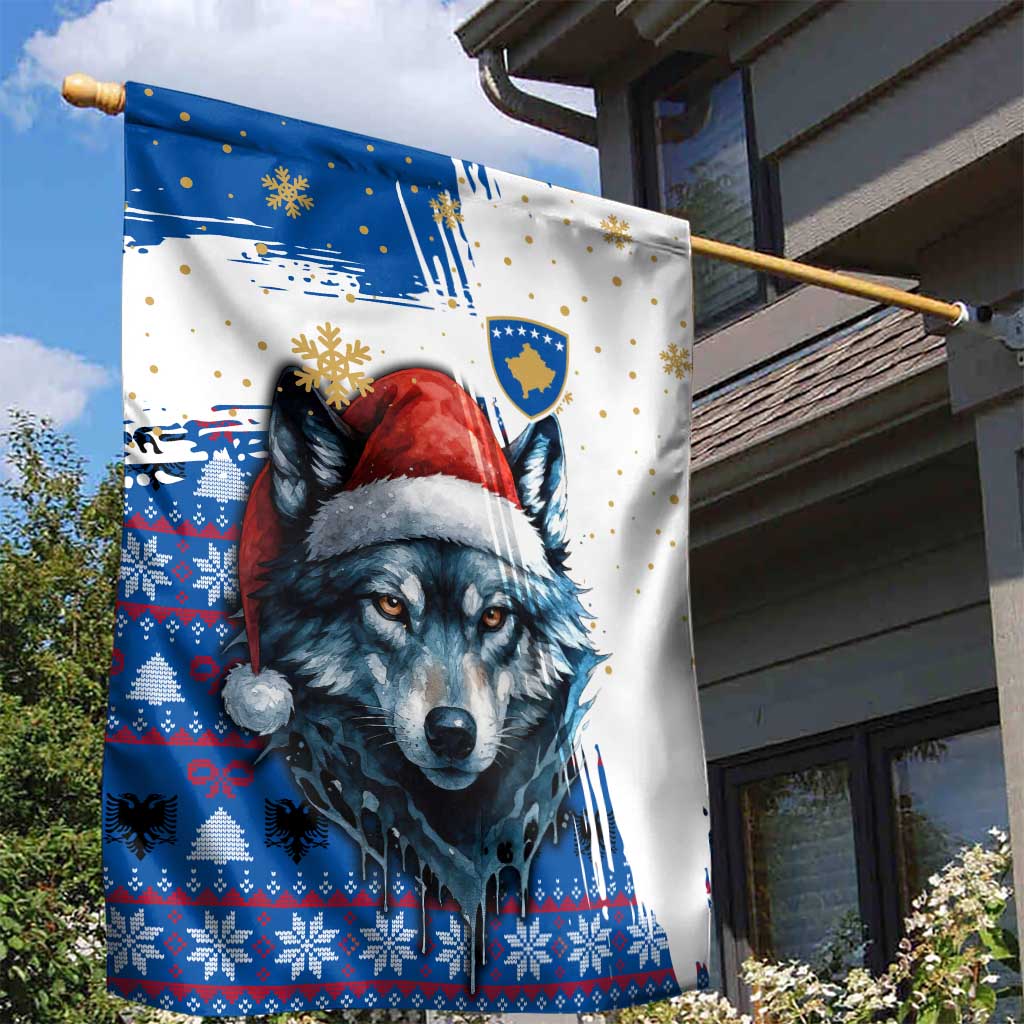 Kosovo Christmas Garden Flag with Santa Wolf Snowflakes Blue Pattern and National Emblem - Wonder Print Shop