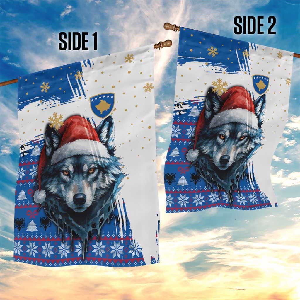 Kosovo Christmas Garden Flag with Santa Wolf Snowflakes Blue Pattern and National Emblem - Wonder Print Shop