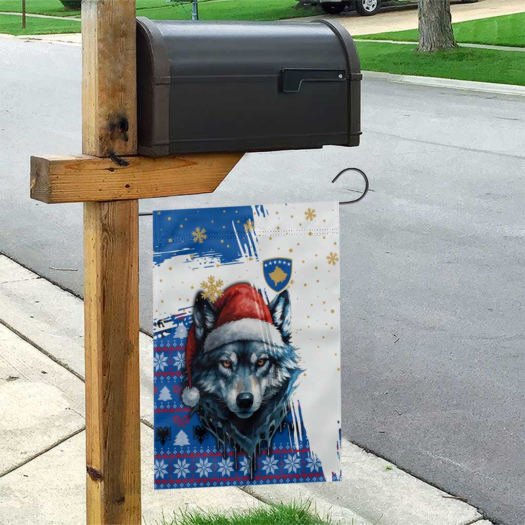 Kosovo Christmas Garden Flag with Santa Wolf Snowflakes Blue Pattern and National Emblem - Wonder Print Shop