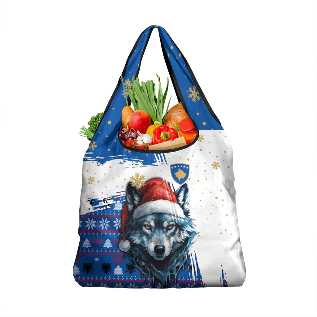 Kosovo Christmas Grocery Bag with Santa Wolf Snowflakes Blue Pattern and National Emblem - Wonder Print Shop