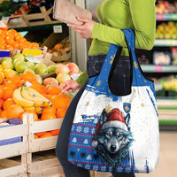Kosovo Christmas Grocery Bag with Santa Wolf Snowflakes Blue Pattern and National Emblem - Wonder Print Shop
