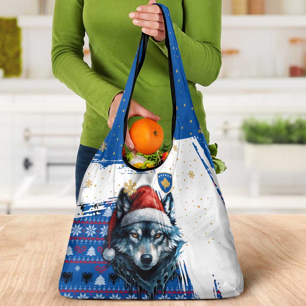 Kosovo Christmas Grocery Bag with Santa Wolf Snowflakes Blue Pattern and National Emblem - Wonder Print Shop