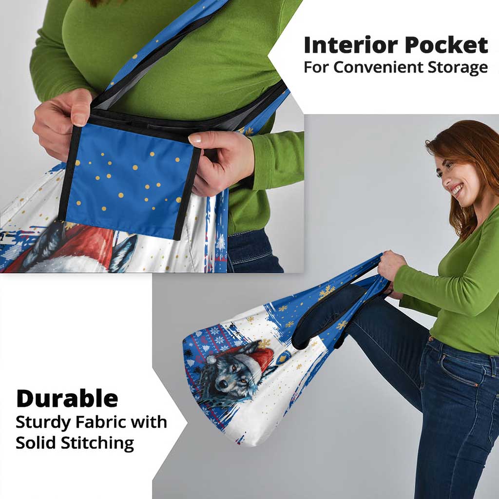 Kosovo Christmas Grocery Bag with Santa Wolf Snowflakes Blue Pattern and National Emblem - Wonder Print Shop