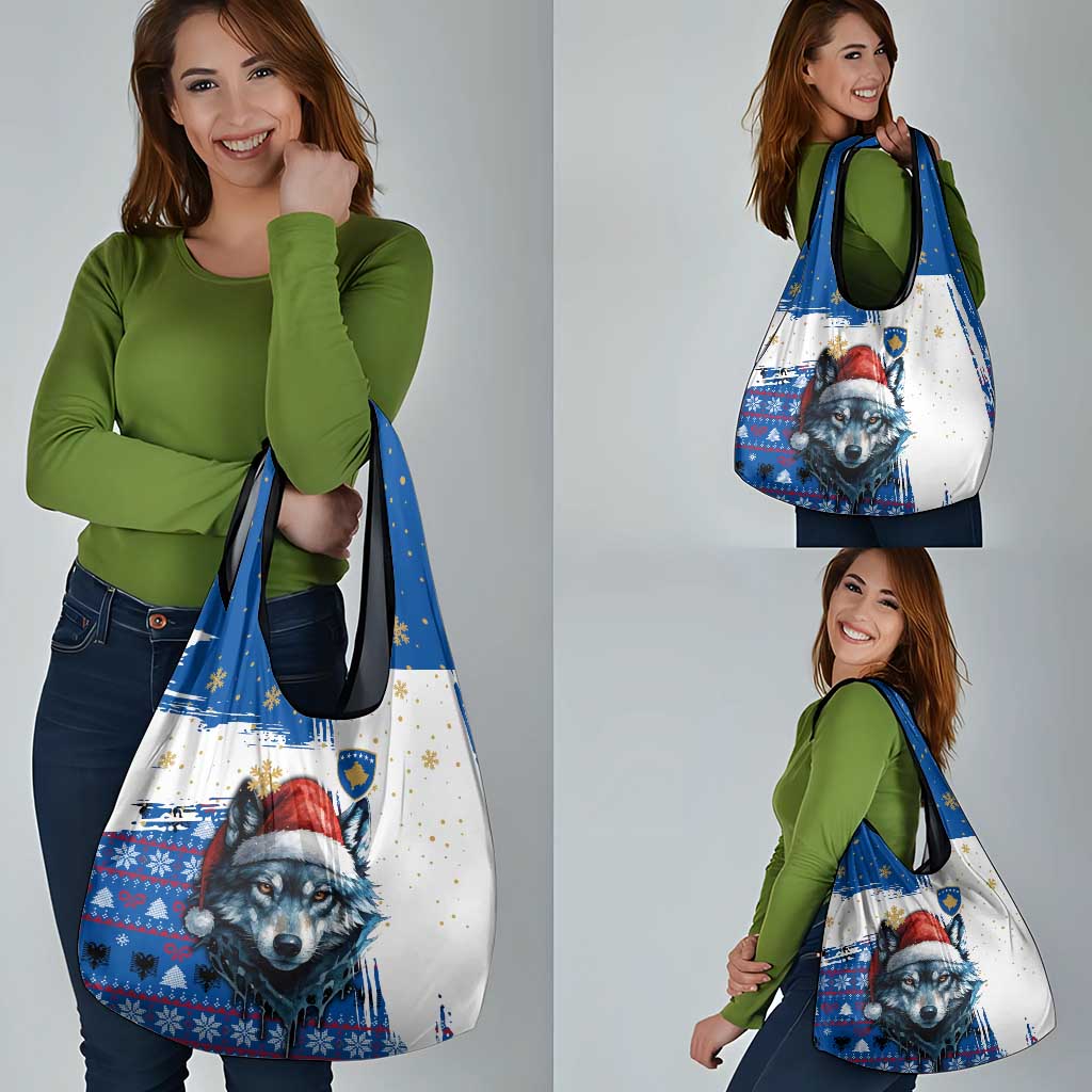 Kosovo Christmas Grocery Bag with Santa Wolf Snowflakes Blue Pattern and National Emblem - Wonder Print Shop