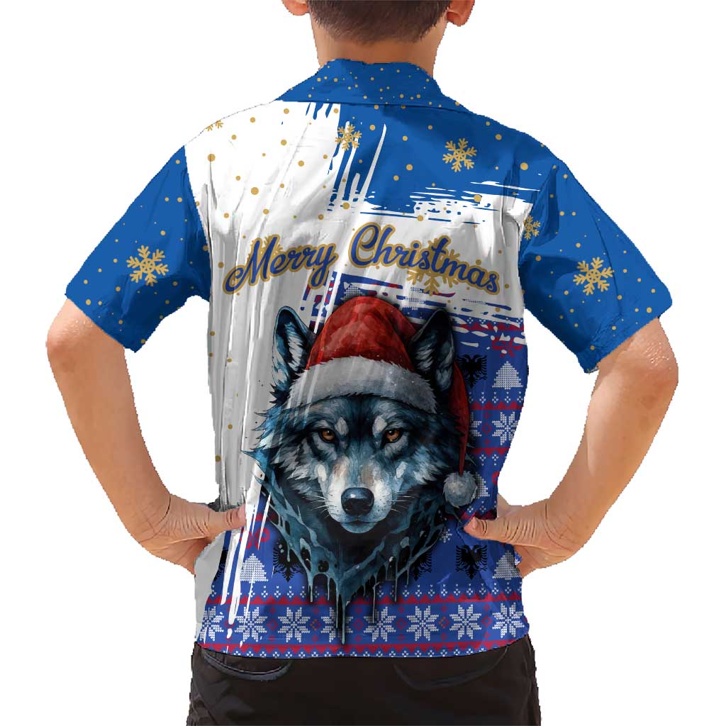 Kosovo Christmas Hawaiian Shirt with Santa Wolf Snowflakes Blue Pattern and National Emblem - Wonder Print Shop