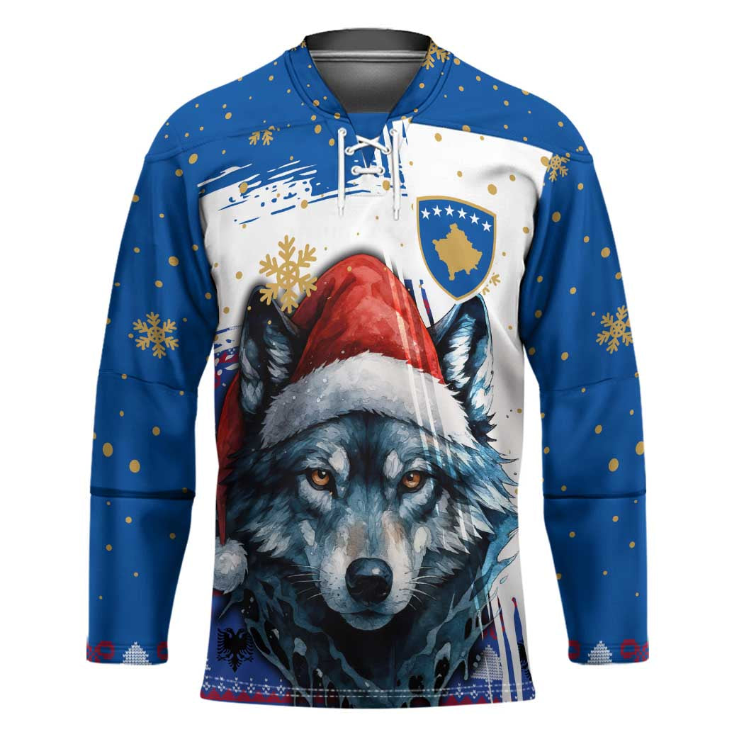 Kosovo Christmas Hockey Jersey with Santa Wolf Snowflakes Blue Pattern and National Emblem - Wonder Print Shop