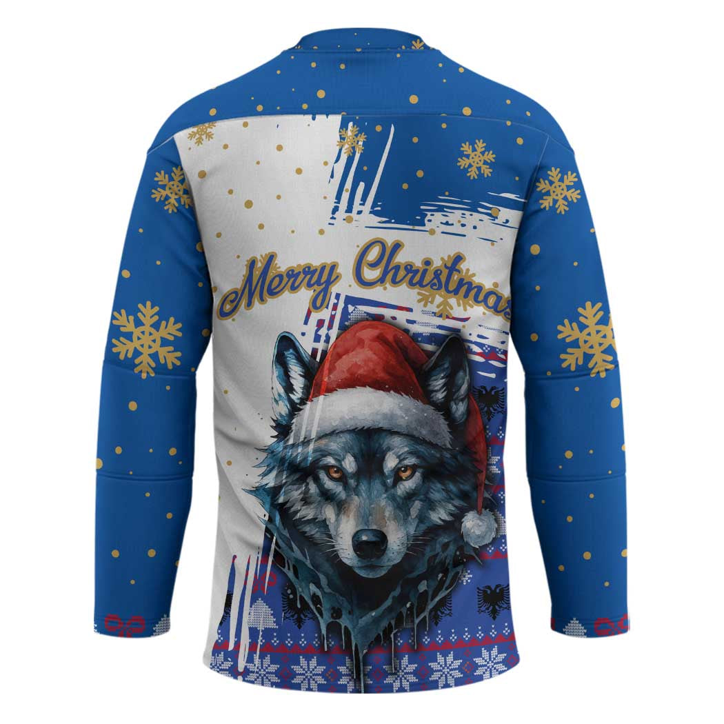 Kosovo Christmas Hockey Jersey with Santa Wolf Snowflakes Blue Pattern and National Emblem - Wonder Print Shop