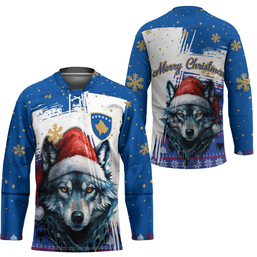 Kosovo Christmas Hockey Jersey with Santa Wolf Snowflakes Blue Pattern and National Emblem - Wonder Print Shop