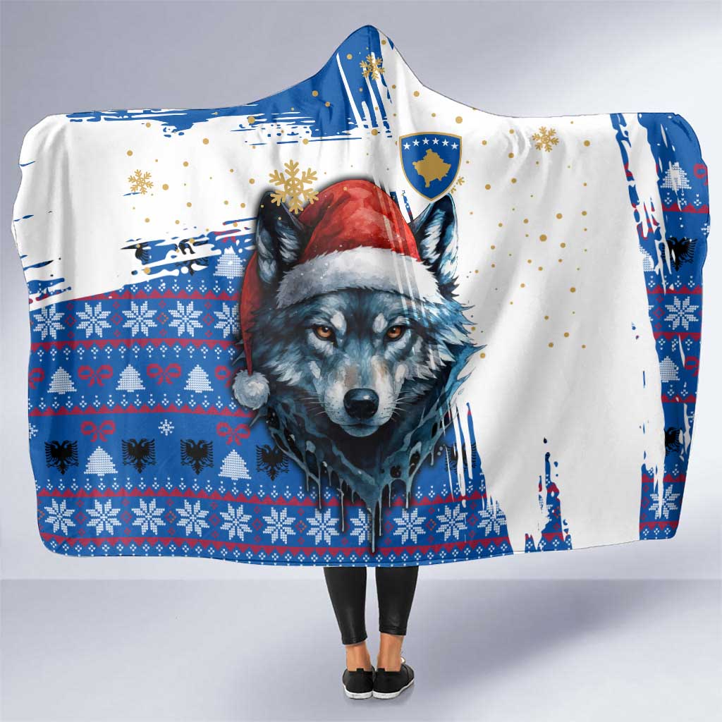 Kosovo Christmas Hooded Blanket with Santa Wolf Snowflakes Blue Pattern and National Emblem - Wonder Print Shop