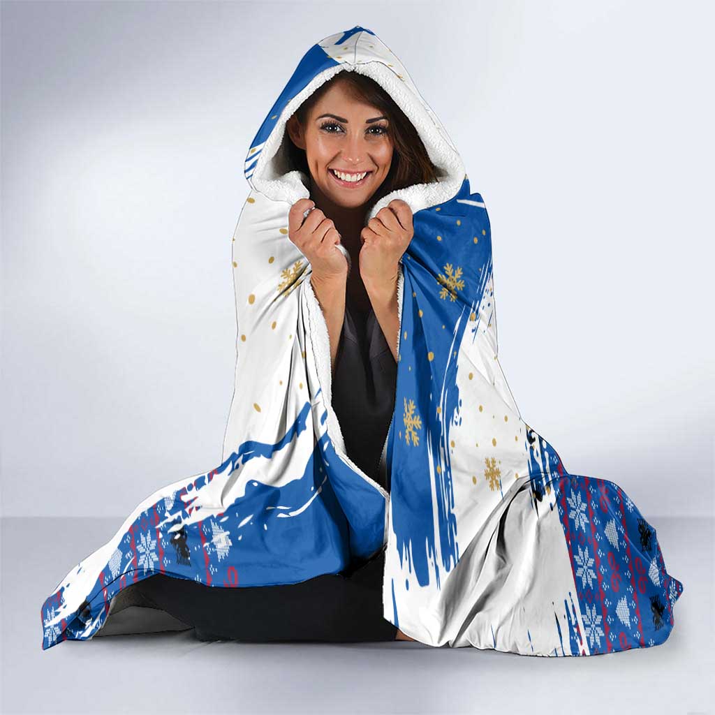 Kosovo Christmas Hooded Blanket with Santa Wolf Snowflakes Blue Pattern and National Emblem - Wonder Print Shop