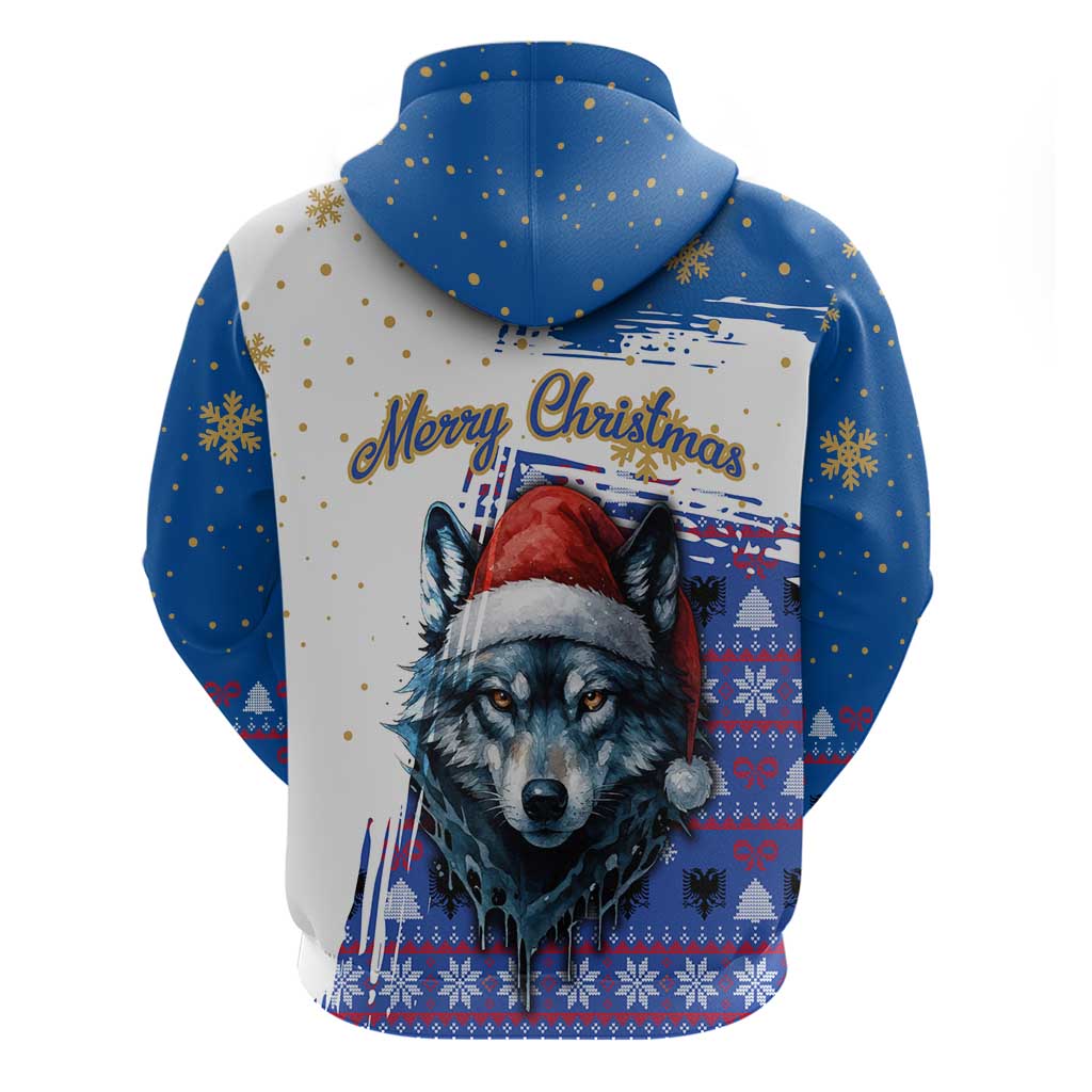 Kosovo Christmas Hoodie with Santa Wolf Snowflakes Blue Pattern and National Emblem - Wonder Print Shop